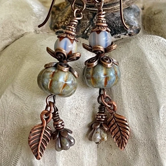 Hand Crafted “Pumpkin Blues” Dangle Earrings - Picture 7 of 9